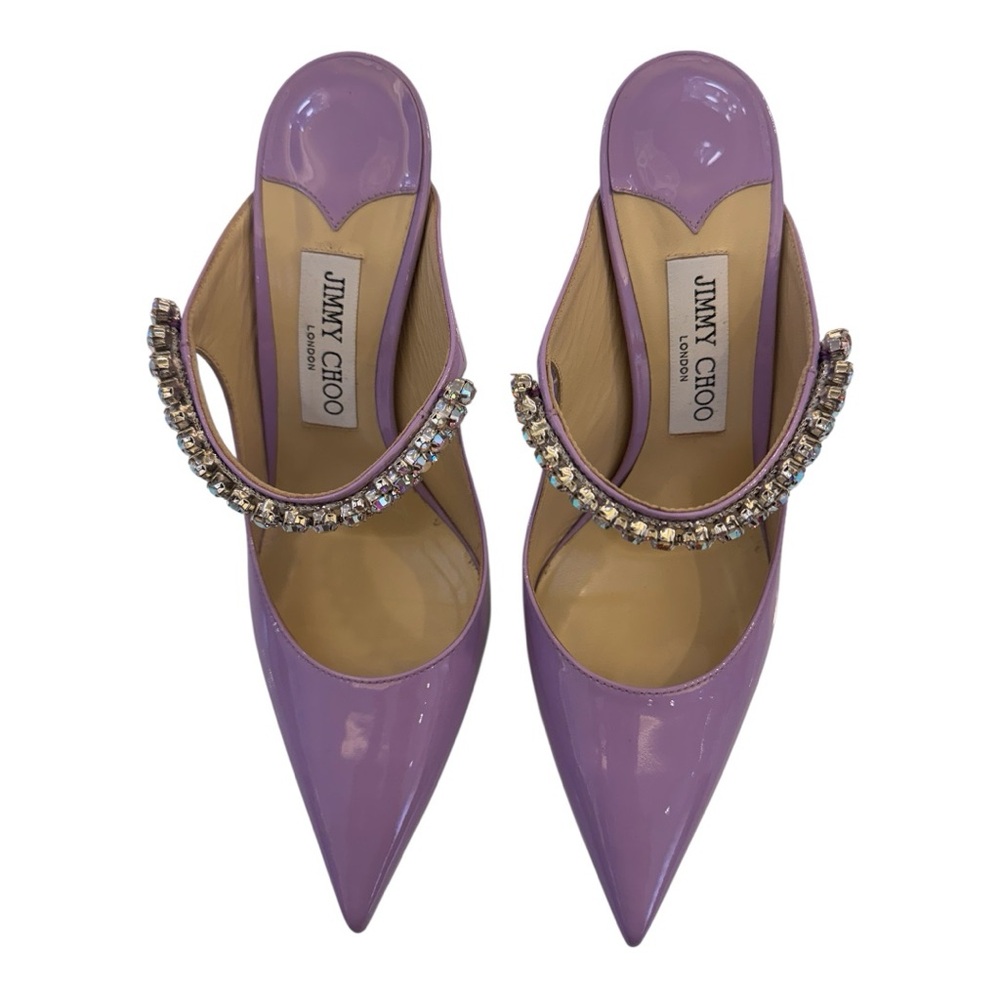 Jimmy Choo Lilac Patent Leather Pointed Toe Mules with Crystal-Embellished Strap